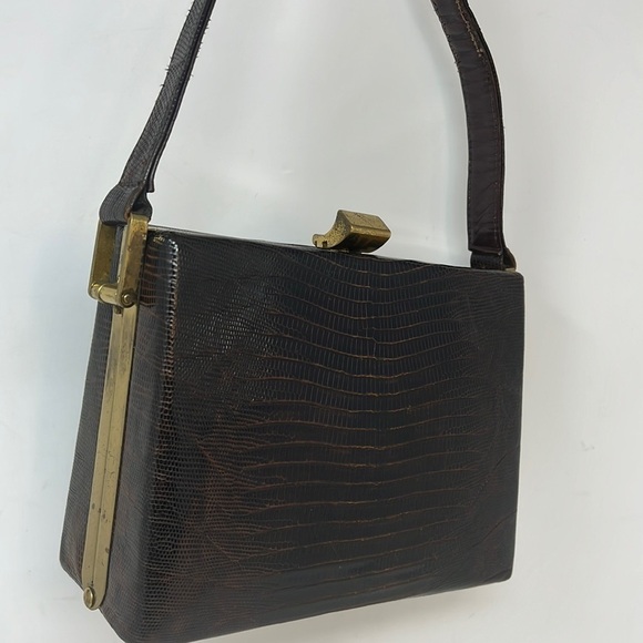 Harry Revits Lizard Reptile Dark Brown and Brass Structured Leather Box Handbag - Picture 4 of 13